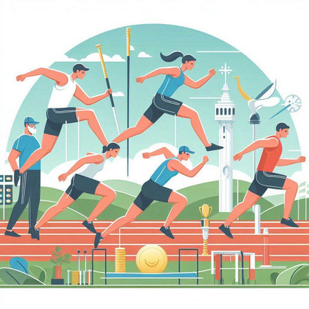 Athletes running at the stadium. Vector illustration in flat styleのイラスト素材