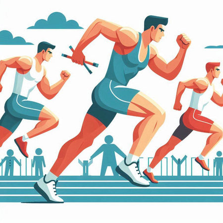 Illustration of a group of people running on the track. Vector illustrationのイラスト素材