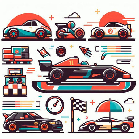 Race car racing icons set. Vector illustration in flat cartoon style.のイラスト素材