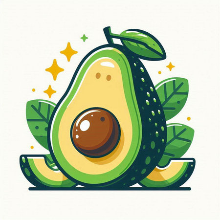 Avocado fruit vector illustration. Avocado with leaves. Healthy food.のイラスト素材