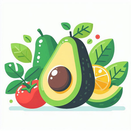Avocado fruit vector illustration. Avocado fruit with leaves and tomato.のイラスト素材