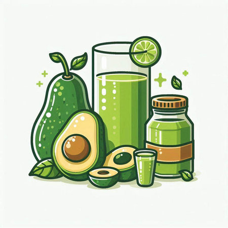 Avocado smoothie and ingredients. Vector illustration of smoothie.のイラスト素材