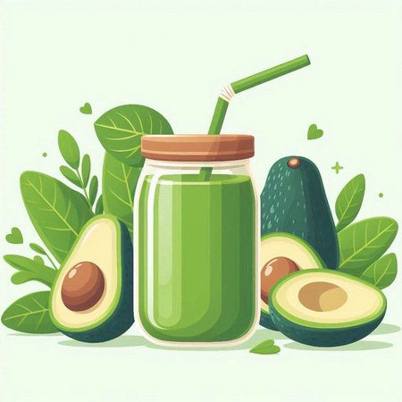 Avocado smoothie in glass jar with straw and leaves. Vector illustration.のイラスト素材
