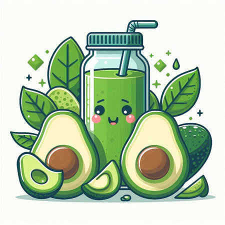 Avocado smoothie. Cute cartoon character. Vector illustration.のイラスト素材