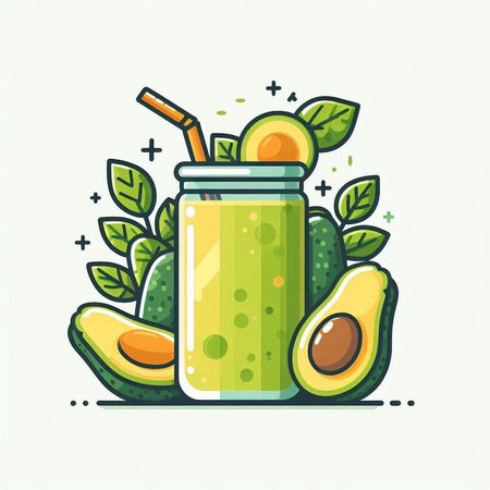 Avocado smoothie in a jar with a straw and green leaves. Vector illustration.のイラスト素材