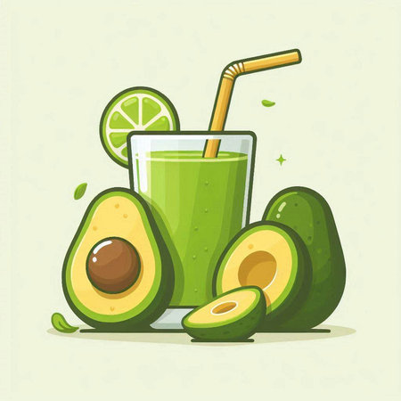 Avocado smoothie in a glass with straw. Vector illustration.のイラスト素材