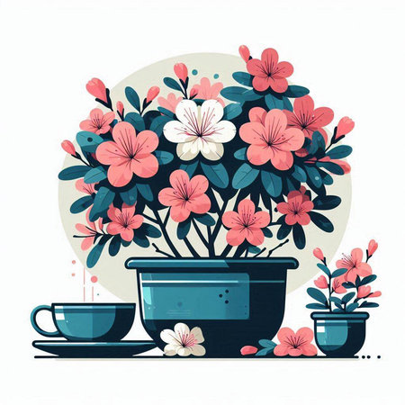 Flowers in pot, cup of coffee and saucer. Vector illustration.のイラスト素材