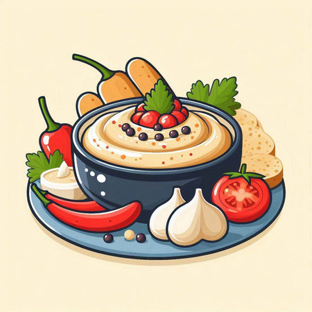 Hummus in a bowl with vegetables and spices. Vector illustration.のイラスト素材