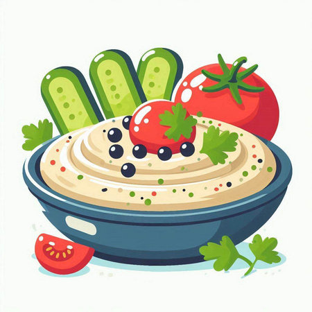 Vector illustration of hummus in bowl with cucumber, tomato and parsleyのイラスト素材