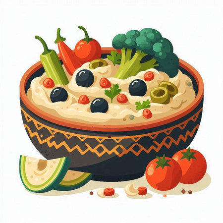 Bowl with hummus, vegetables and olives. Vector illustration.のイラスト素材