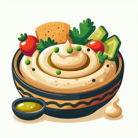 Bowl of hummus with vegetables and olive oil. Vector illustration.のイラスト素材