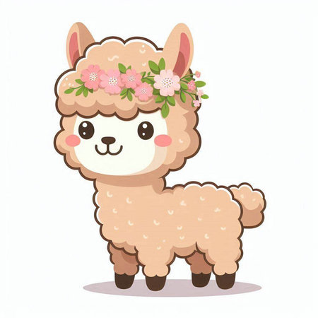 Cute alpaca with flower wreath. Vector illustration.のイラスト素材