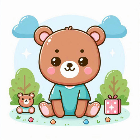 Cute cartoon bear sitting on the grass with gifts. Vector illustration.のイラスト素材