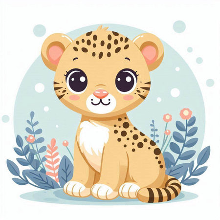 Cute cartoon baby cheetah sitting on the ground. Vector illustration.のイラスト素材