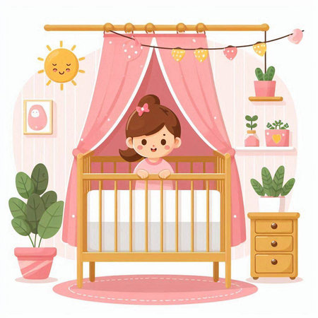 Cute little girl in a baby room. Happy childhood. Vector illustrationのイラスト素材