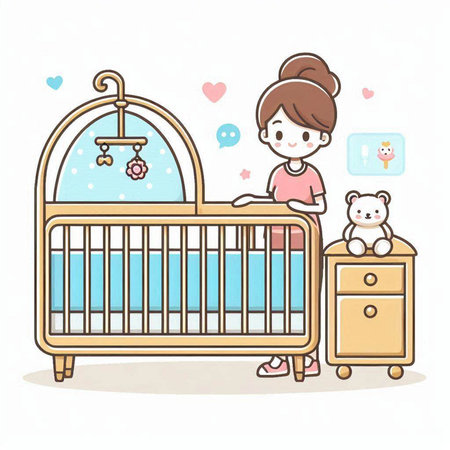 Mother and baby cot. Cute cartoon style vector illustration.のイラスト素材