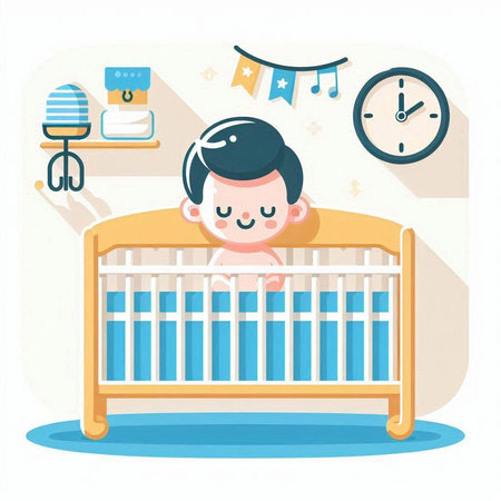 Cute baby boy sleeping in crib. Vector flat cartoon illustration.のイラスト素材
