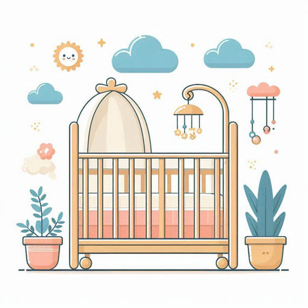 Cute baby room with crib and toys. Vector illustration in flat styleのイラスト素材