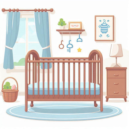 Illustration of a baby room interior with a crib and a cradleのイラスト素材