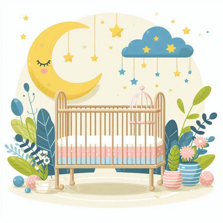 Cute baby bed with cot and pillow. Vector illustration.のイラスト素材