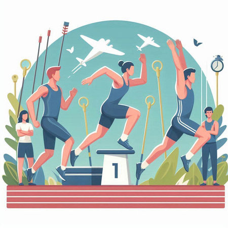 Sport competition vector illustration. Group of people running on finish line.のイラスト素材