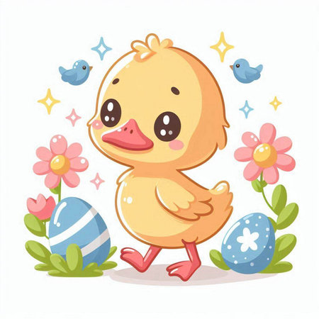 Cute cartoon duckling with eggs and flowers. Vector illustration.のイラスト素材