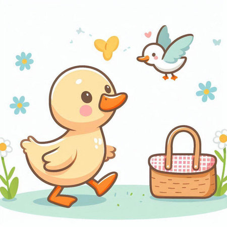 Illustration of a Cute Duck Walking with a Basket and a Birdのイラスト素材