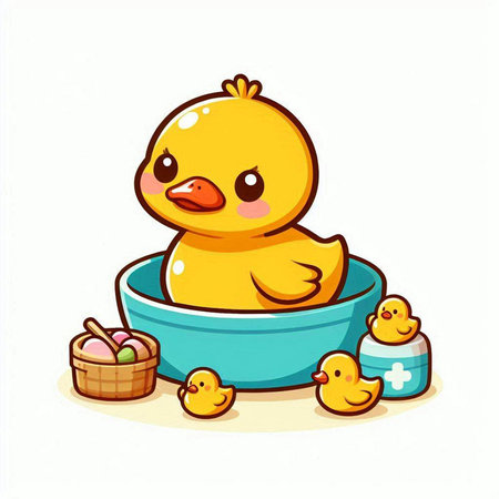 Vector illustration of cute cartoon yellow duck with ducklings in bowl.のイラスト素材