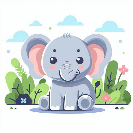 Cute cartoon elephant sitting on the grass. Vector illustration in flat style.のイラスト素材