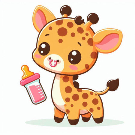 Cute baby giraffe with milk bottle. Cartoon vector illustration.のイラスト素材