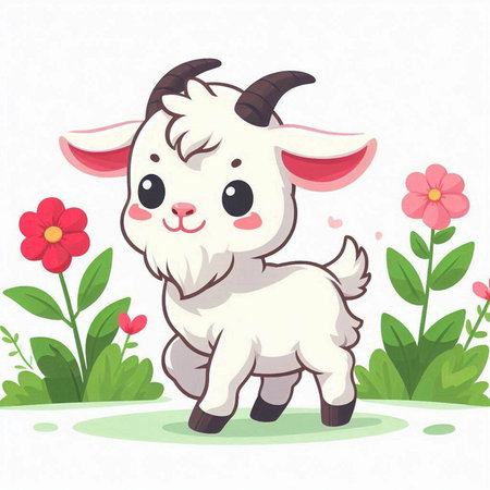 Cute cartoon goat with flowers. Vector illustration for your design.のイラスト素材