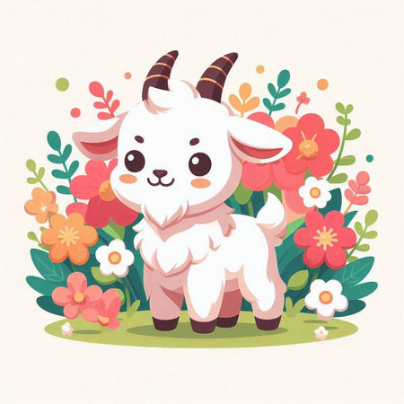 Cute cartoon goat with flowers. Vector illustration in a flat style.のイラスト素材