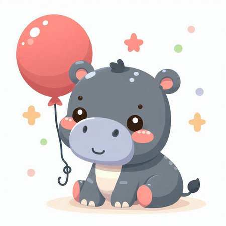 Cute hippo with balloon. Vector illustration in cartoon style.のイラスト素材