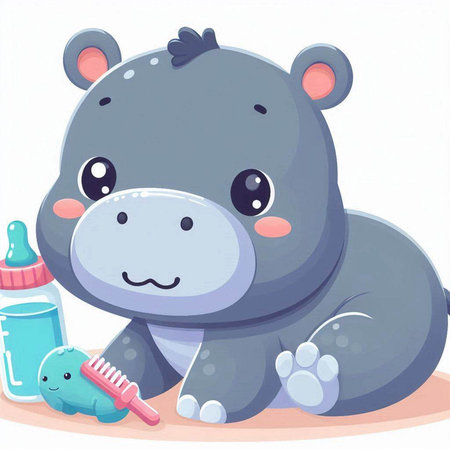 Illustration of a Cute Hippopotamus with a Baby Bottleのイラスト素材