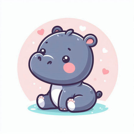 Cute cartoon hippo sitting on the ground. Vector illustration.のイラスト素材