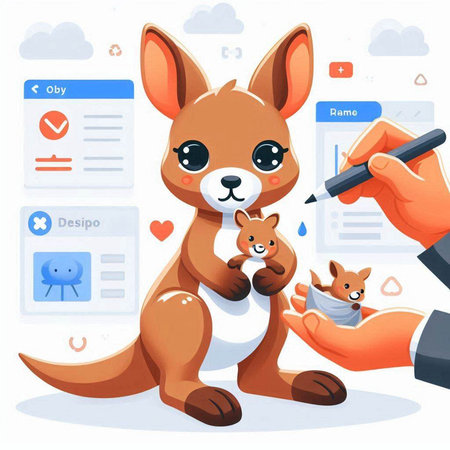 Kangaroo cartoon vector illustration. Funny kangaroo character sitting on human hand. Kangaroo with mother and father.のイラスト素材