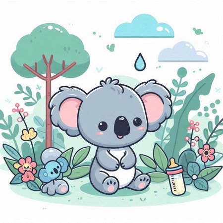 Cute cartoon koala with baby bottle and flowers. Vector illustration.のイラスト素材