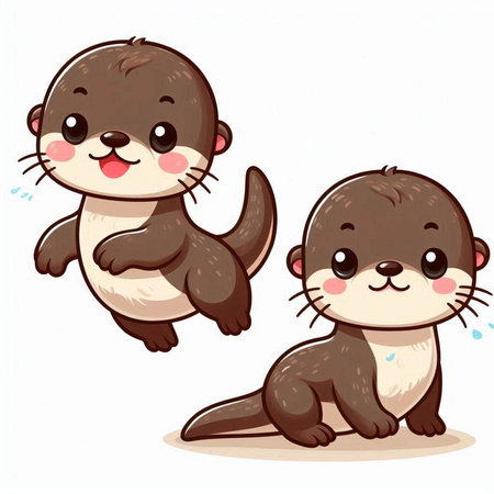Cute otter family on white background. Vector cartoon illustration.のイラスト素材