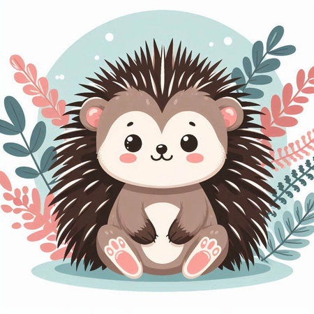 Cute hedgehog sitting on the ground with leaves. Vector illustration.のイラスト素材