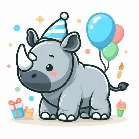 Cute cartoon rhinoceros with birthday party hat. Vector illustration.のイラスト素材