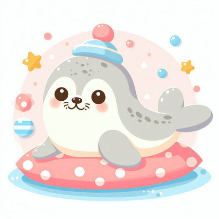 Cute baby seal on inflatable ring. Vector cartoon illustration.のイラスト素材