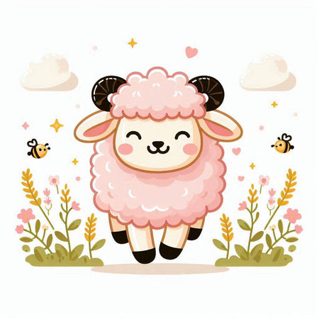 Cute cartoon sheep with flowers, clouds and bees. Vector illustration.のイラスト素材