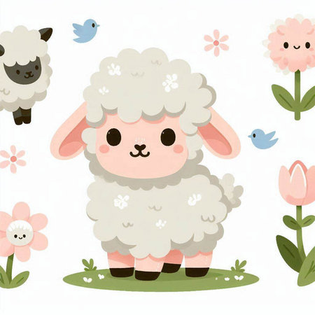 Cute cartoon sheep and flowers on white background. Vector illustration.のイラスト素材