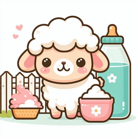 Cute sheep with milk bottle and bowl of baby food vector illustrationのイラスト素材