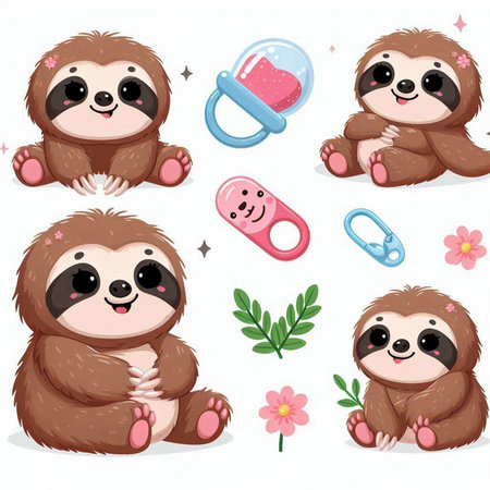 Vector illustration of Cartoon cute sloth set. Isolated on white background.のイラスト素材
