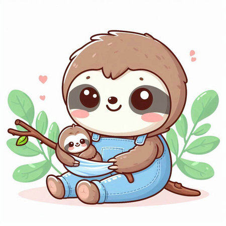 Cute cartoon sloth with her little baby. Vector illustration.のイラスト素材