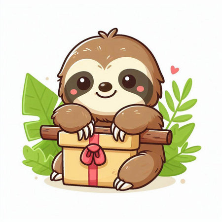 Cute cartoon sloth holding a gift box. Vector illustration.のイラスト素材