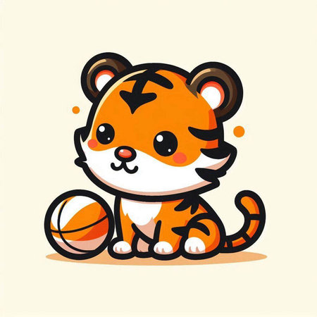 Cute cartoon tiger with basketball. Vector illustration. Cute animal.のイラスト素材