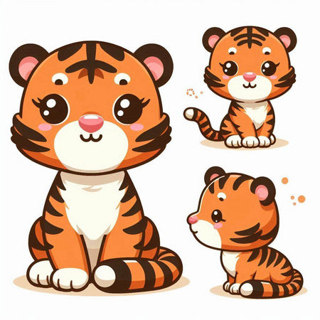 Cute cartoon tiger set. Vector illustration isolated on white background.のイラスト素材