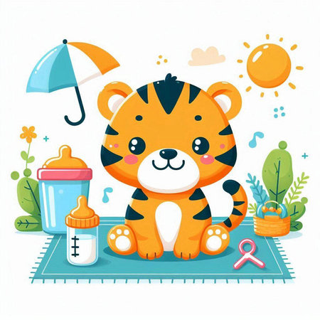 Cute baby tiger sitting on the carpet and drinking milk. Vector illustration.のイラスト素材